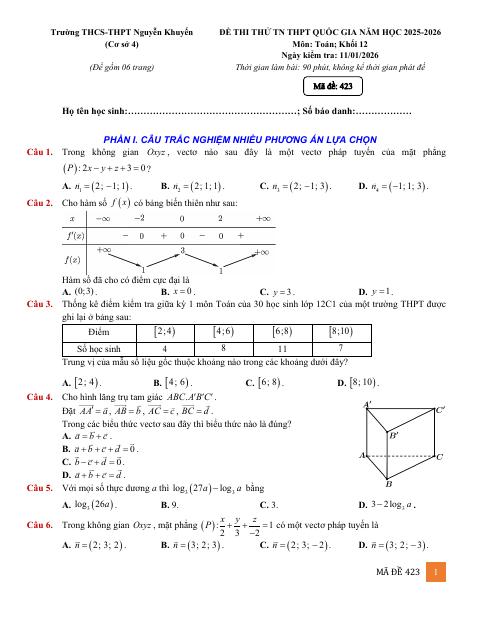Đề thi thử TN THPT 2026 môn Toán trường THCS-THPT Nguyễn Khuyến – TP HCM